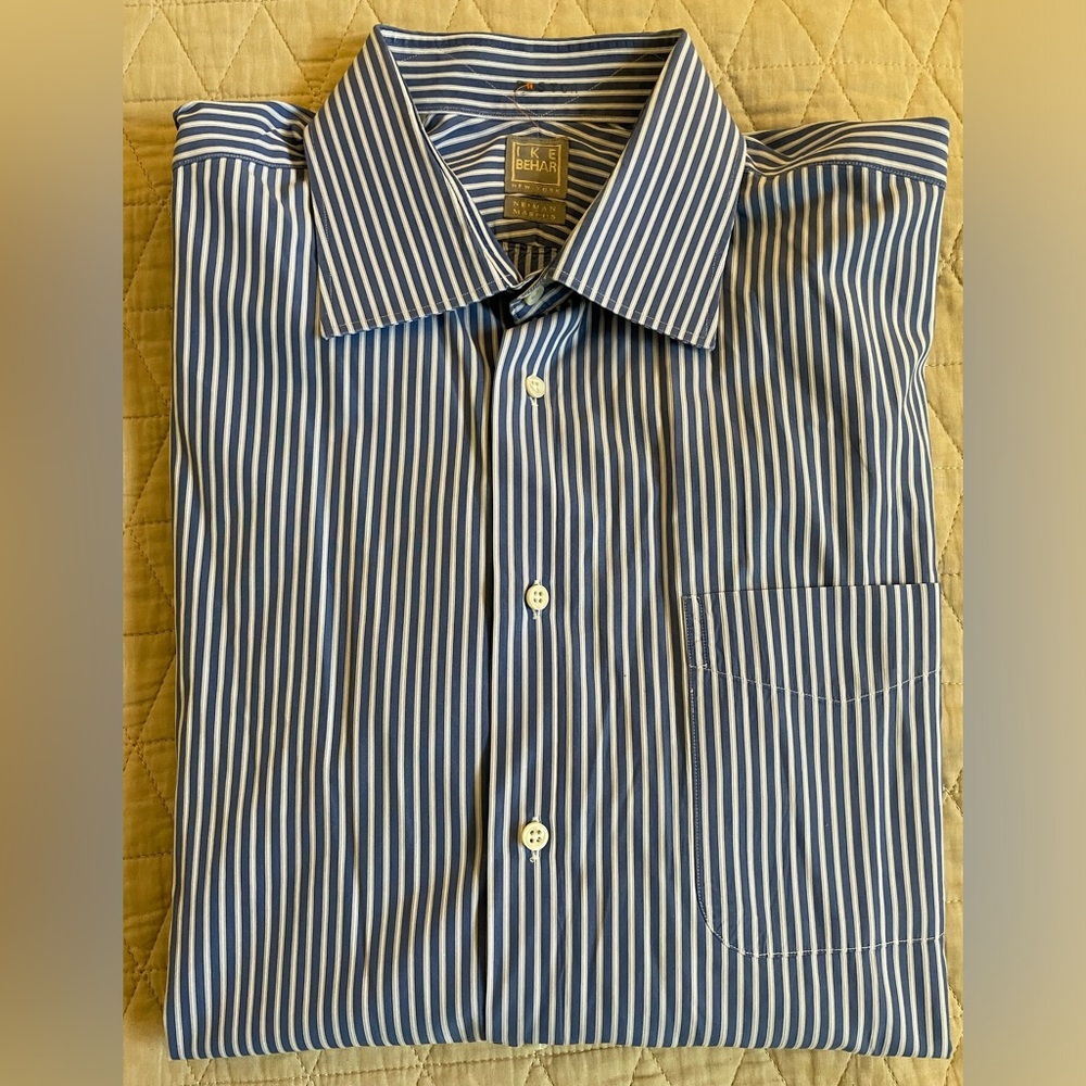 IKE BEHAR Textured Stripe Spread Collar Dress‎ Shirt in Blue (Multi) 17 1/2-33